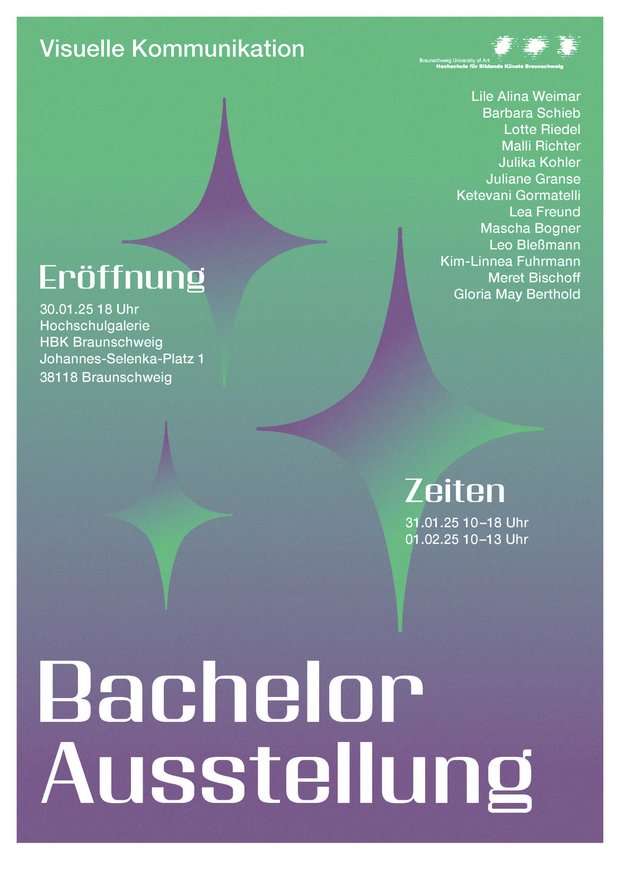 Ausstellungsplakat Bachelor-Ausstellung Visuelle Kommunikation in Grün-Blau mit geometrischen Formen